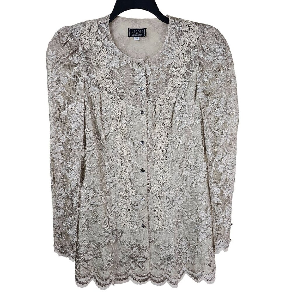 VTG Cachet Floral Lace Jacket 8 Beige Rhinestones Mother of the Bride Formal
